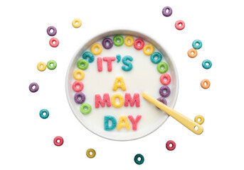 A bowl of cereal with the words its a mom day isolated on transparent background