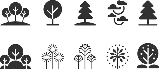 PrintTree icons, stylized trees, black silhouettes, abstract foliage, nature symbols, graphic design, vector trees, landscape elements, minimal shapes, decorative illustration