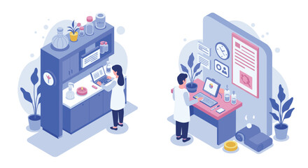 Isometric laboratory and home office scenes with scientists in modern settings