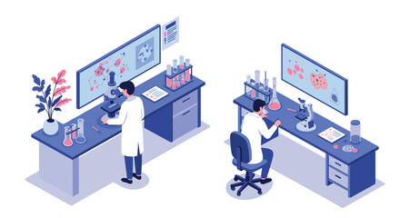 Isometric laboratory scene with scientists using microscopes in modern research facility
