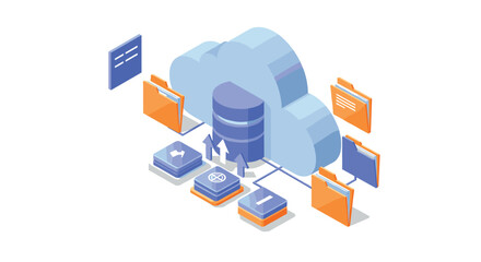 Cloud data storage isometric design with network connections and information folders