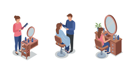 Isometric salon scenes with hairstyling and beauty activities
