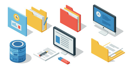 Isometric office tools: diverse file folders, data storage, and digital displays