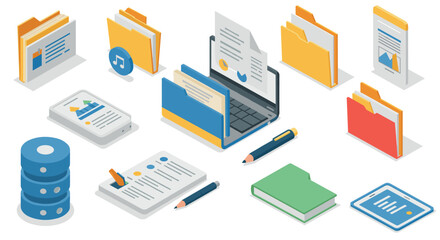 Office documents and technology in isometric design for digital organization