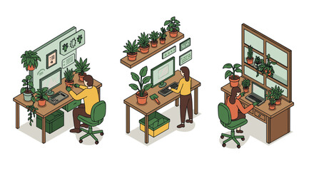 Fototapeta premium Modern home office with plants and technology in isometric design