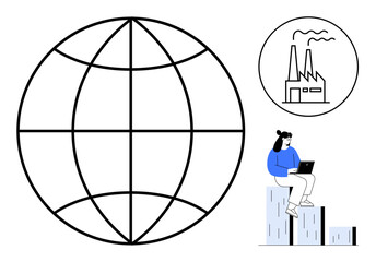 Giant globe outline with a factory emitting smoke and a woman seated on bar graphs using a laptop. Ideal for globalization, industry, environmental concerns, digital economy, technology, data