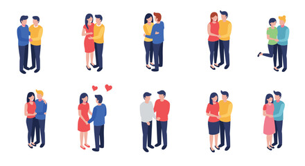 Isometric couples in love: diverse romantic poses and heartfelt embraces