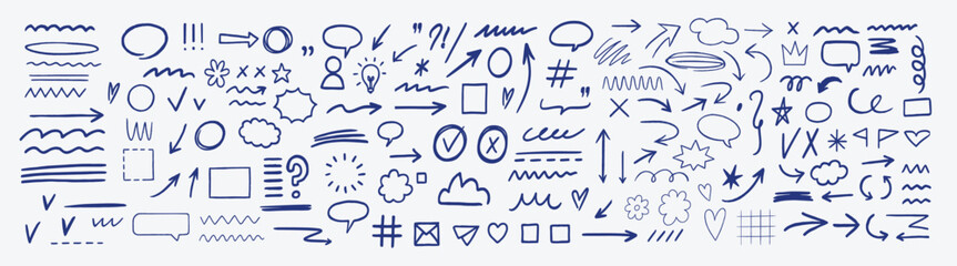 Hand drawn vector arrow and marker stroke design elements on transparent background