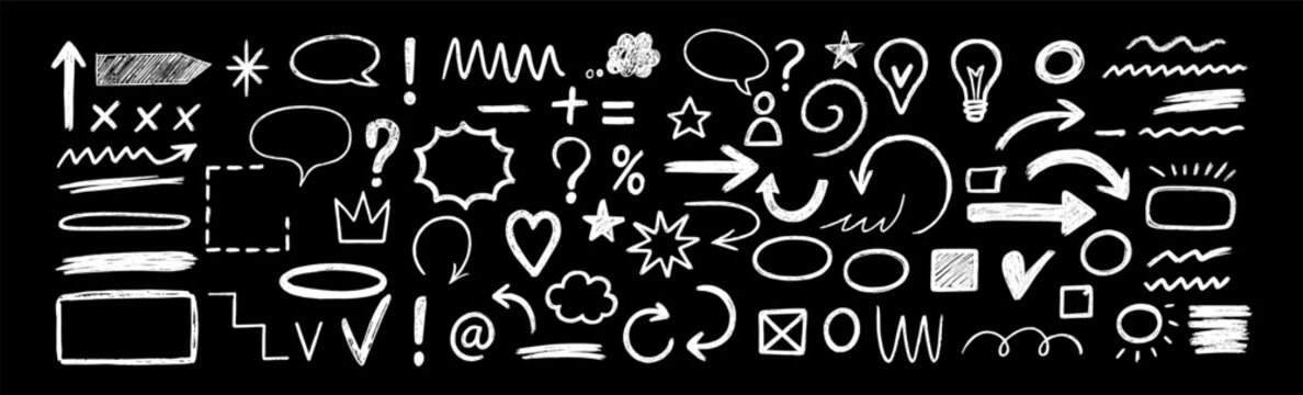 Chalkboard texture brush stroke square, spiral, arrow element scribble line hand drawn sketch design. 