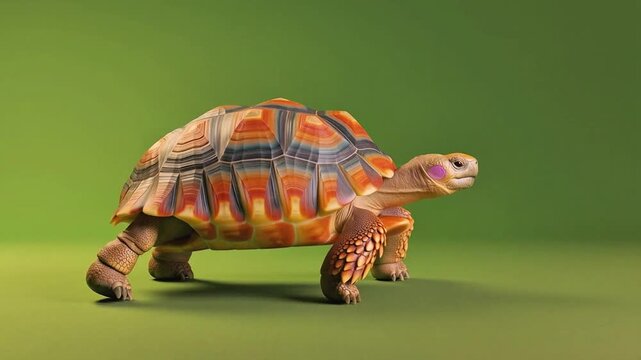Colorful tortoise walks on green background