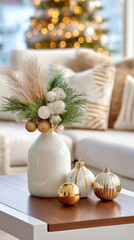 Obraz premium Elegant Christmas decoration with a white vase, golden ornaments, and festive greenery on a coffee table surrounded by cozy living room setting