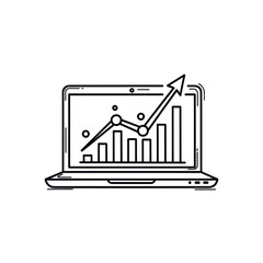Minimalist black outline vector icon of a laptop displaying a growing bar chart with an upward arrow, symbolizing business growth, analytics, and financial success. Isolated on a transparent backgroun