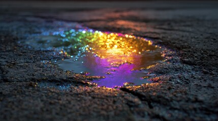 Naklejka premium Rainbow reflection in the puddle: a vibrant rainbow is reflecting on the puddle, showing the beauty of the natural phenomenon