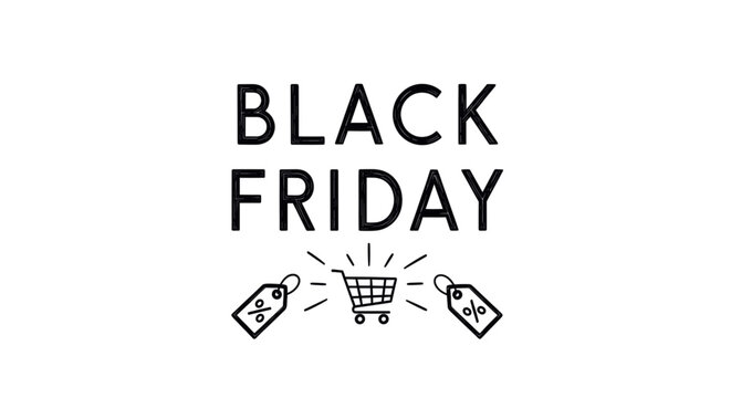 Sketch vector of a “Black Friday” text with shopping cart and discount tags, symbolizing sale, shopping, and retail promotion. Isolated on a transparent background