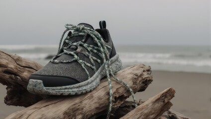 A single grey sneaker rests on driftwood on a beach with the ocean in the background.