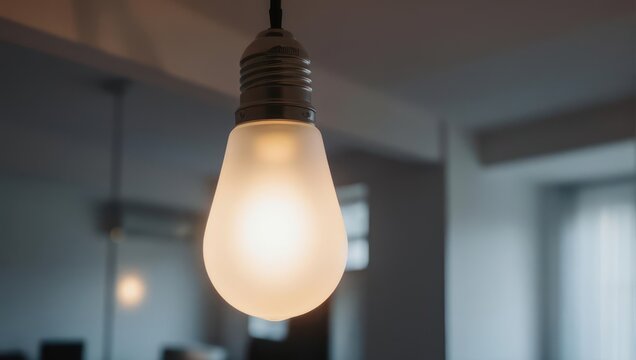 A single glowing light bulb hanging from a cord in a dimly lit room.