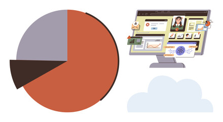 Pie chart and computer screen display project collaboration, analytics, educational resources, charts, and graphs. Ideal for analytics, teamwork, remote work, education statistics business