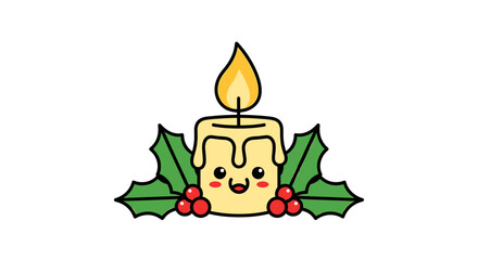 Naklejka premium A cute cartoon candle with a smiling face, surrounded by holly leaves and red berries.