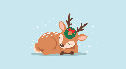 Sleeping fawn with Christmas wreath on antlers, on light blue background with snow.