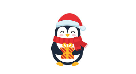 A cute cartoon penguin wearing a Santa hat and a red scarf, holding a wrapped gift with a yellow ribbon.