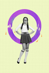 Business optimization collage with stylish person standing inside dynamic stats ring on background