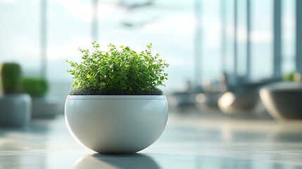 Modern White Planter with Green Bushy Plant in Bright Airy Room Interior