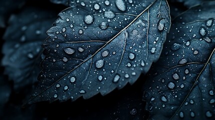 Moody CloseUp of Deep Blue Leaf with Pristine Water Droplets Sparkling Lightly