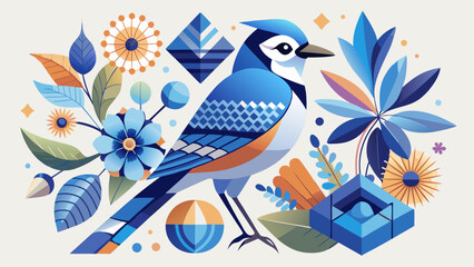 Very beautiful minimalist Blue Jay collage featuring a geometric branch and delicate floral design, blending modern simplicity with artistic elegance and nature-inspired harmony in soft tones.