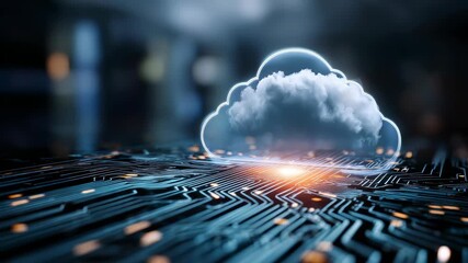 Cloud computing technology concept with a glowing cloud icon hovering above a futuristic digital circuit board. Modern data storage and network infrastructure visualization for innovation and security - Powered by Adobe