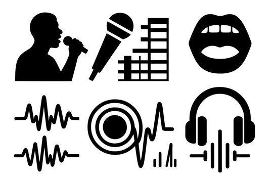 Vocal Icon Set. Vocal Octave silhouette set: singer silhouette, microphone, vocal range chart, frequency wave, open mouth, headphones, sound line, echo circle