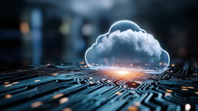 Cloud computing technology concept with a glowing cloud icon hovering above a futuristic digital circuit board. Modern data storage and network infrastructure visualization for innovation and security - Powered by Adobe