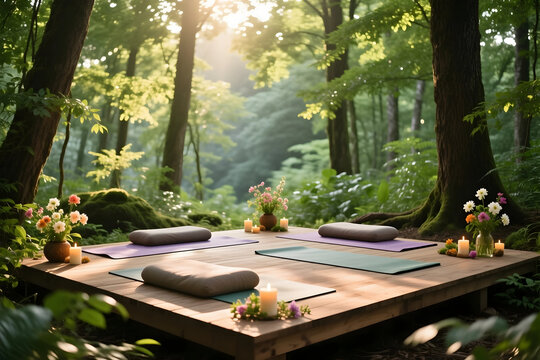 Mindfulness retreat for digital detox serene forest platform with yoga mats cushions candles and flowers creating calm and restorative atmosphere