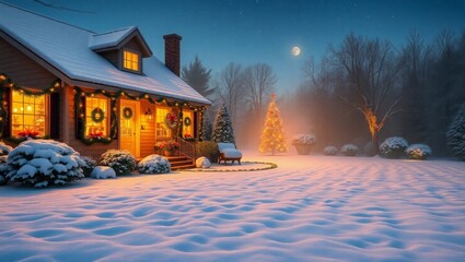 Dreamy winter home with Christmas tree glows at night