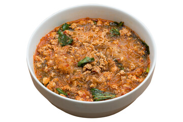 Thai Spicy Stir-Fried Glass Noodles with Minced Pork and Basil Leaves, Isolated on White Background