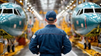 Aviation Factory Inspection: A dedicated professional surveys the scene in an aircraft factory, overseeing the assembly and maintenance of aircrafts.