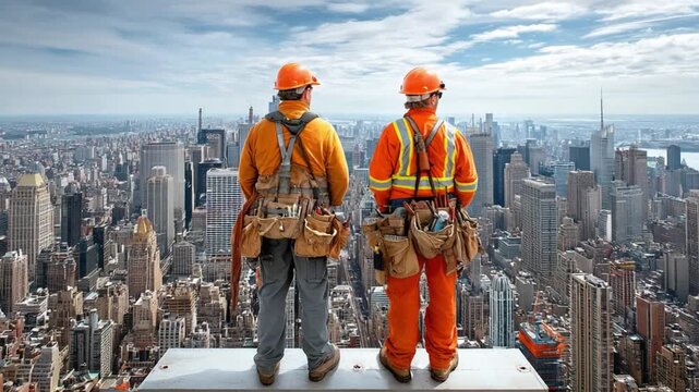 A View from the Top: Two construction workers, wearing safety gear, stand atop a skyscraper, surveying the cityscape below. A testament to human ambition and engineering prowess.