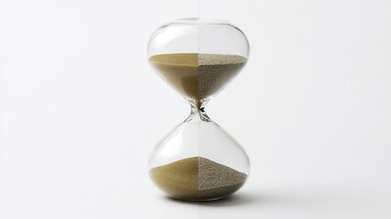 An hourglass with sand flowing from the top to the bottom chamber against a white background