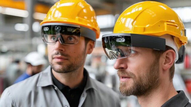 Engineering innovation: Two engineers, wearing advanced headsets, are deeply focused, exploring how innovation reshapes work and redefines progress.
