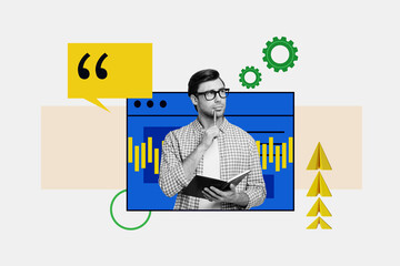 Trend composite sketch 3D photo collage of young man hold book minded puzzle brainstorming...