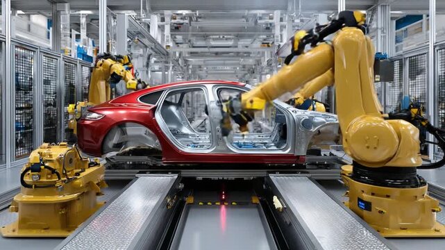 Robotic Precision: A vivid scene unveils a sleek car body as robotic arms work in harmony. The innovative factory demonstrates the evolution of automation, highlighting modern manufacturing processes.