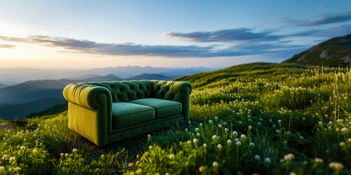 green upholstered Chesterfield sofa sits on a hill with blooming clover overlooking a magical valley, advertising outdoor recreation in glamping or camping with familiar comforts.