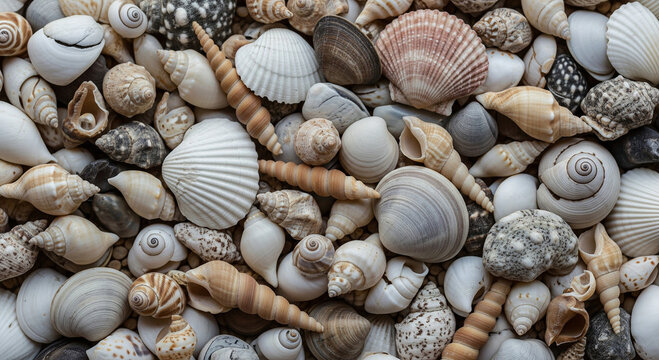 Seashells of various shapes and sizes create a natural mosaic pattern, perfect for coastal decor, beach themed crafts, and summer vacation memories
