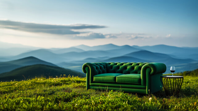 poster featuring Chesterfield sofa green upholstery and table glass of red wine stands on green hill with magical view, copy space for advertising an eco-friendly glamping holiday familiar comfort
