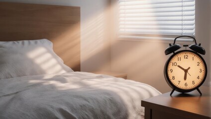 Alarm clock on bedside table with morning sunlight streaming into bedroom.