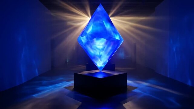 Abstract glowing blue geometric shape illuminated in dark space