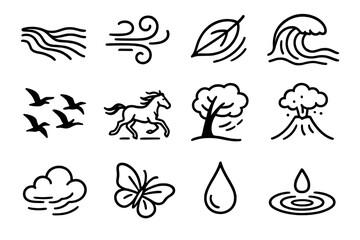 Dynamic Nature Icons. Natural movement outline icons: flowing river, blowing wind, falling leaf, crashing wave, migrating birds, galloping horse, swaying tree, erupting volcano,