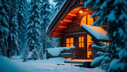 Cozy cabin glows warmly amid snowy winter wonderland