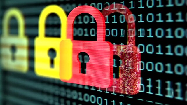 The image shows a row of abstract red and yellow padlocks over binary code.