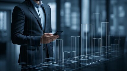 Businessman analyzing data trends on smartphone with digital graphs in modern office environment - Powered by Adobe