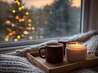 Wooden tray with coffee mugs and candle before window overlooking Christmas tree, fairy lights and knitted blanket in cozy interior scene for holiday designs.